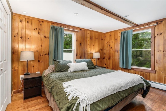 27 Eden St, Goffstown, NH 03102 - bedroom featuring multiple windows, light wood-style floors, wooden walls, beamed ceiling, and baseboard heating
