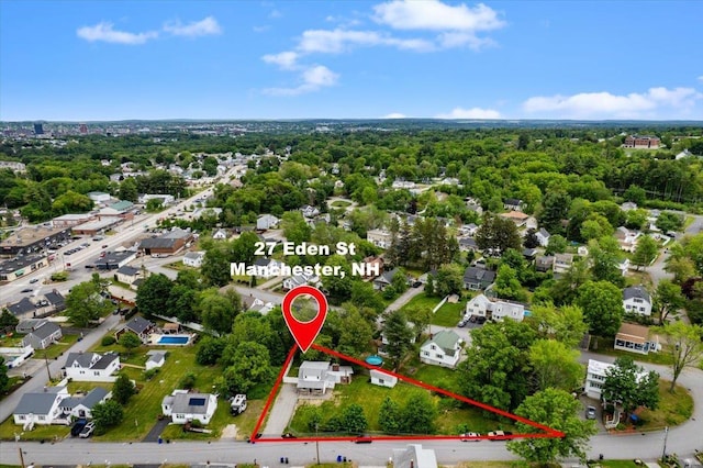 27 Eden St, Goffstown, NH 03102 - aerial perspective of suburban area featuring property parcel outlined