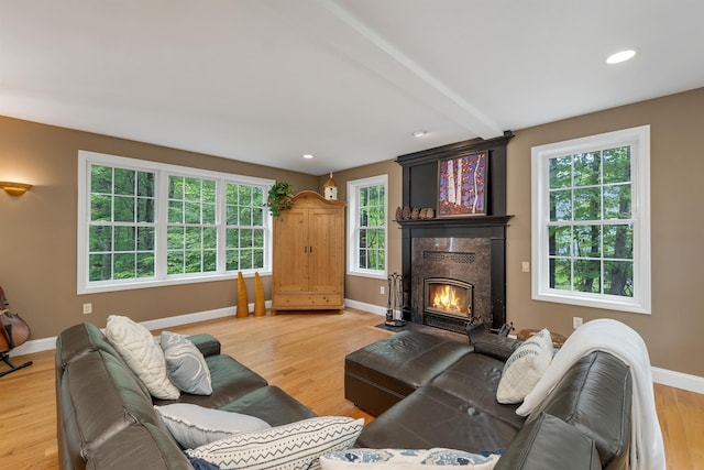 15 Largo Knl, Milford, NH 03055 - living room with baseboards, light wood-style floors, a premium fireplace, and recessed lighting