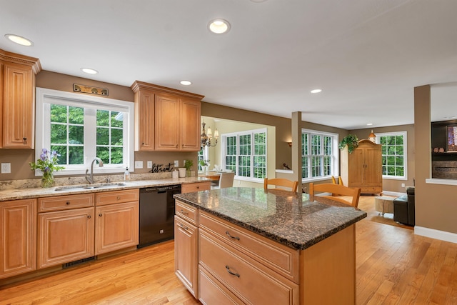 15 Largo Knl, Milford, NH 03055 - kitchen featuring dishwasher, a sink, dark stone countertops, light wood-style floors, and recessed lighting