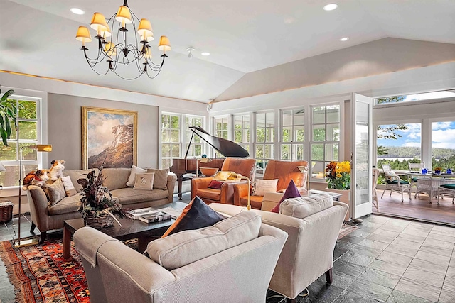 1452 Little Sunapee Rd, New London, NH 03257 - living area featuring vaulted ceiling, healthy amount of natural light, recessed lighting, and a chandelier
