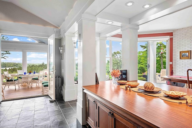 1452 Little Sunapee Rd, New London, NH 03257 - dining space featuring a desk, ornate columns, recessed lighting, and lofted ceiling