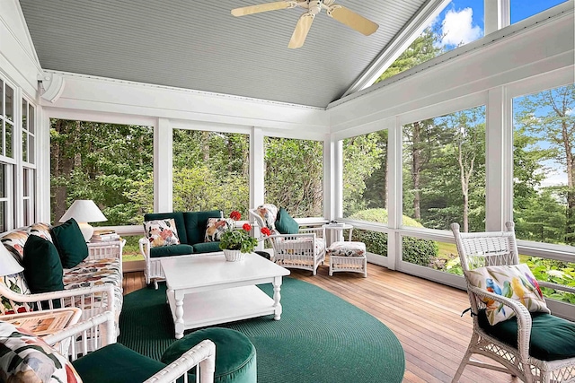 1452 Little Sunapee Rd, New London, NH 03257 - sunroom with a ceiling fan, lofted ceiling, and an outdoor living space