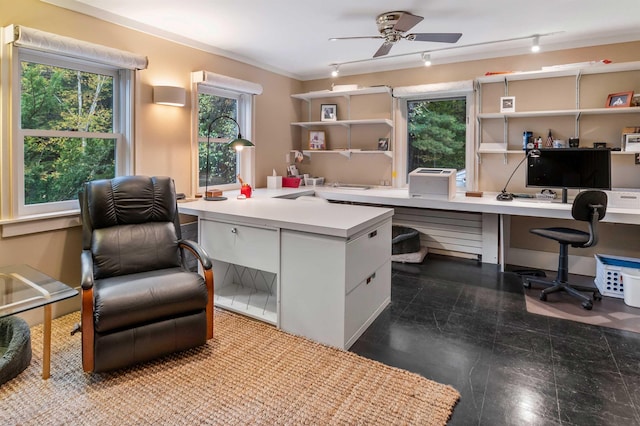 1452 Little Sunapee Rd, New London, NH 03257 - office with a ceiling fan, built in desk, and healthy amount of natural light