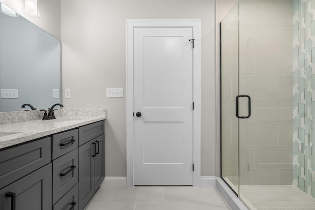 214 Pembroke St Unit A, Pembroke, NH 03275 - bathroom with tile patterned flooring, a stall shower, double vanity, and baseboards