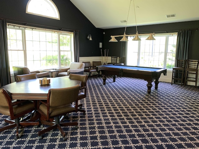54 Cielo Dr, Dover, NH 03820 - recreation room featuring carpet flooring, a wainscoted wall, billiards table, high vaulted ceiling, and a decorative wall