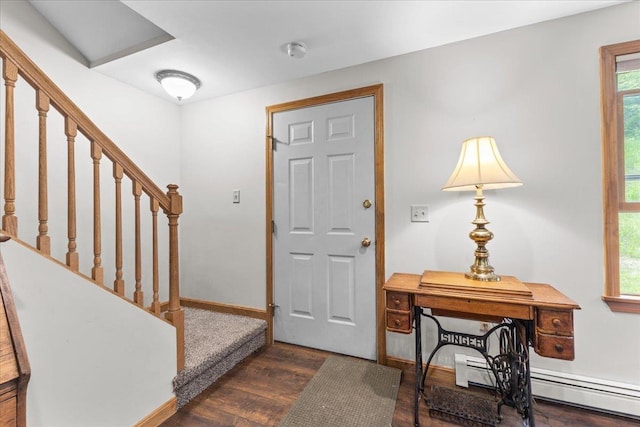 354 Falls Bridge Rd, Williamstown, VT 05679 - entryway with dark wood finished floors, baseboard heating, and stairs