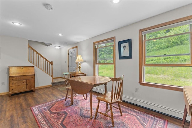 354 Falls Bridge Rd, Williamstown, VT 05679 - dining room with stairs, recessed lighting, wood finished floors, and a baseboard radiator