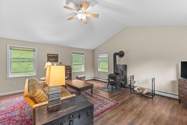 354 Falls Bridge Rd, Williamstown, VT 05679 - living area featuring a wood stove, wood finished floors, healthy amount of natural light, a ceiling fan, and lofted ceiling