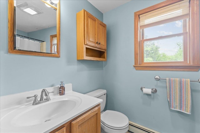 354 Falls Bridge Rd, Williamstown, VT 05679 - full bath featuring vanity, a baseboard heating unit, and curtained shower