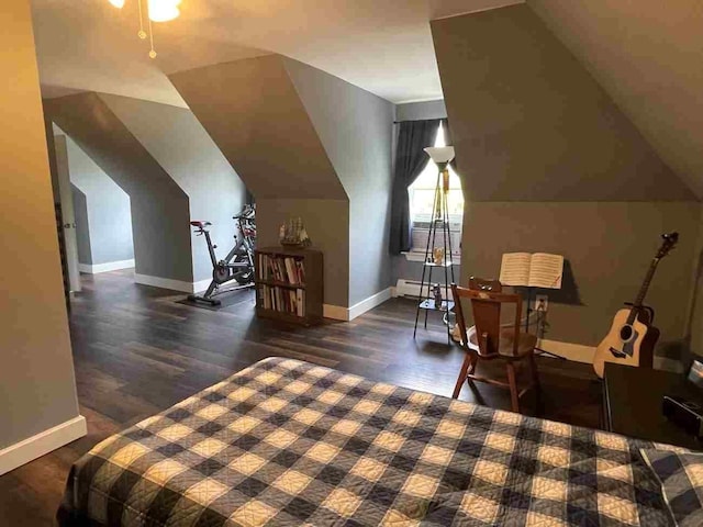139 Rice Brook Dr, Stoddard, NH 03464 - bedroom featuring baseboards, wood finished floors, vaulted ceiling, and a baseboard radiator