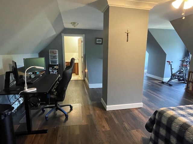 139 Rice Brook Dr, Stoddard, NH 03464 - home office with baseboards, dark wood-type flooring, and vaulted ceiling