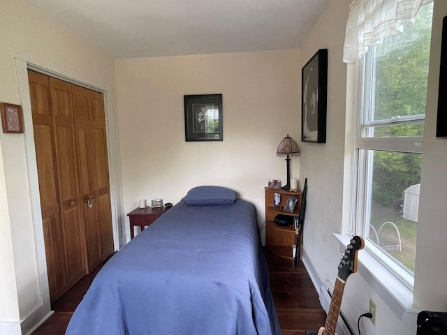 139 Rice Brook Dr, Stoddard, NH 03464 - bedroom with dark wood finished floors, a closet, and baseboards