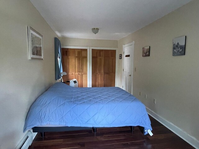 139 Rice Brook Dr, Stoddard, NH 03464 - bedroom featuring baseboard heating, two closets, wood finished floors, and baseboards