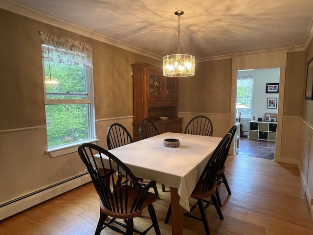 139 Rice Brook Dr, Stoddard, NH 03464 - dining space featuring a baseboard radiator, a chandelier, wood finished floors, and crown molding