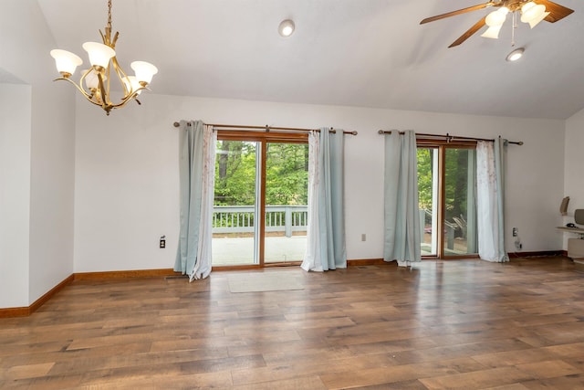 72 Mather Rd, Tamworth, NH 03886 - unfurnished room with vaulted ceiling, wood finished floors, a ceiling fan, baseboards, and a chandelier