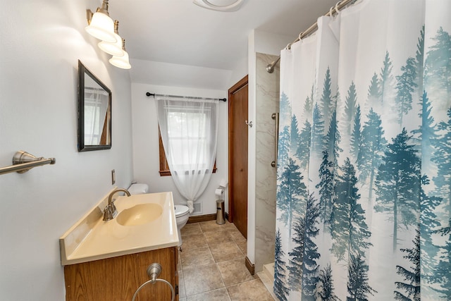 72 Mather Rd, Tamworth, NH 03886 - bathroom featuring vanity, toilet, a shower with curtain, and tile patterned flooring