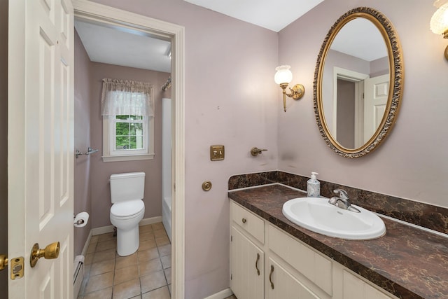 1 Pepperell Cir, Nashua, NH 03062 - full bathroom with vanity, toilet, baseboard heating, tile patterned floors, and shower / bath combo with shower curtain