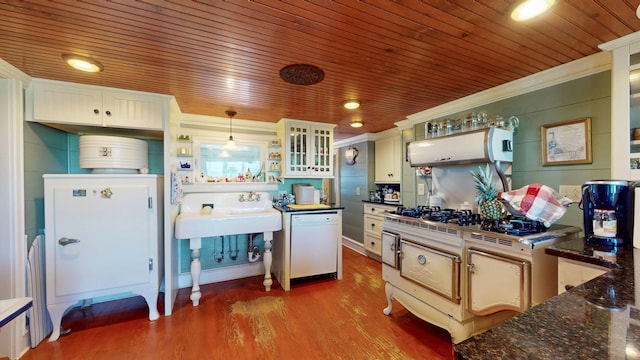 358 S Main St, Whiting, VT 05778 - kitchen with dishwasher, a sink, white cabinets, wood ceiling, and hanging light fixtures