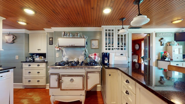 358 S Main St, Whiting, VT 05778 - kitchen featuring dishwasher, decorative light fixtures, crown molding, wood finished floors, and glass insert cabinets