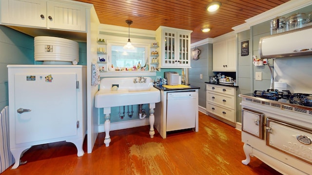 358 S Main St, Whiting, VT 05778 - kitchen featuring dishwasher, wood finished floors, wood ceiling, hanging light fixtures, and a sink