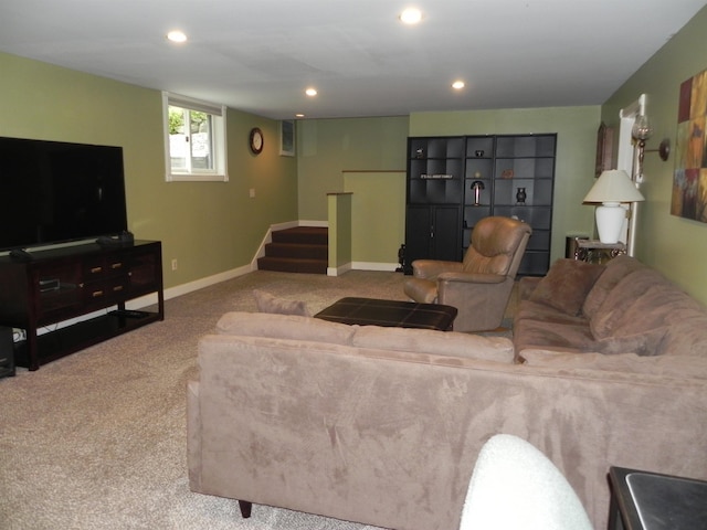 1782 Old Creamery Rd, Williston, VT 05495 - carpeted living area with stairs, recessed lighting, and baseboards
