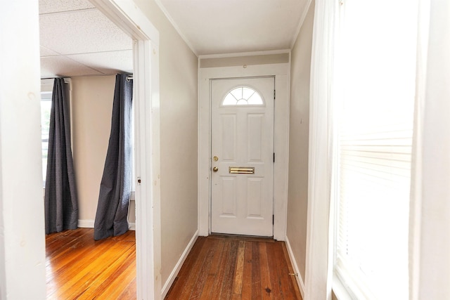 247 Prospect St, Manchester, NH 03104 - doorway featuring wood-type flooring, baseboards, and ornamental molding