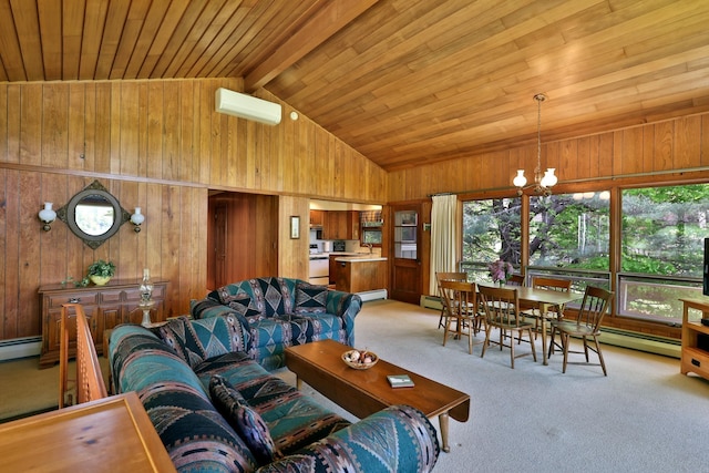 775 E Lake Rd, Ludlow, VT 05149 - living room with light carpet, wood walls, a wall mounted AC, a chandelier, and wooden ceiling