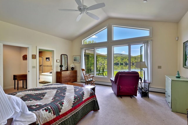 775 E Lake Rd, Ludlow, VT 05149 - bedroom featuring a baseboard radiator, multiple windows, light carpet, lofted ceiling, and ensuite bathroom