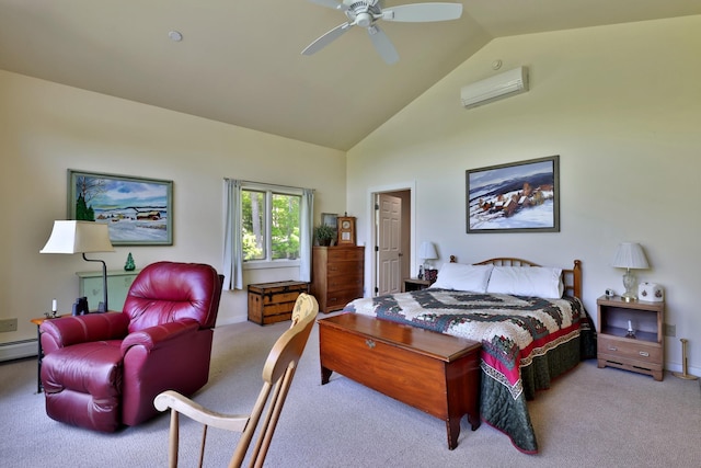 775 E Lake Rd, Ludlow, VT 05149 - bedroom with carpet, an AC wall unit, high vaulted ceiling, a ceiling fan, and baseboards