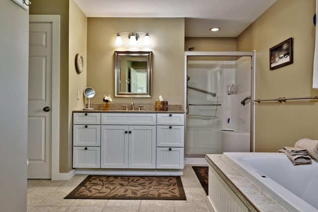 775 E Lake Rd, Ludlow, VT 05149 - full bath featuring a shower stall, vanity, a bath, tile patterned floors, and recessed lighting