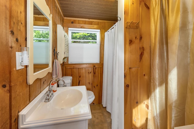 22 Shore Dr, Middleton, NH 03887 - bathroom with toilet, vanity, wooden walls, tile patterned flooring, and wood ceiling