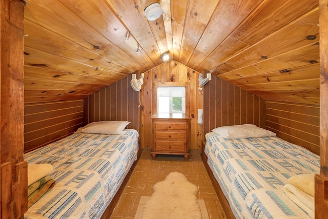 22 Shore Dr, Middleton, NH 03887 - bedroom featuring vaulted ceiling, wooden walls, and wood ceiling