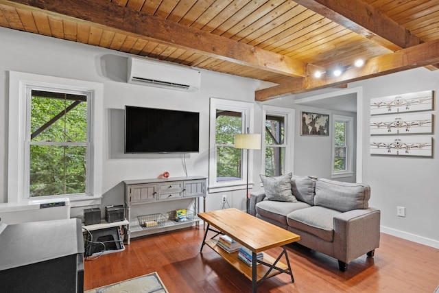 25 Hilltop Dr, Newbury, NH 03255 - living area with wood ceiling with exposed beams, a wall unit AC, plenty of natural light, wood finished floors, and baseboards