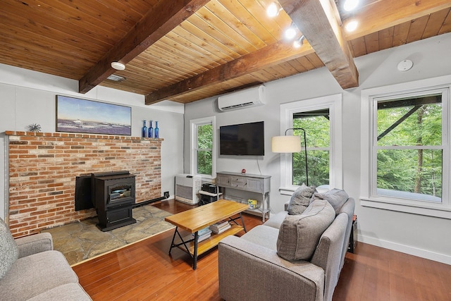 25 Hilltop Dr, Newbury, NH 03255 - living room with a wall mounted air conditioner, a wood stove, hardwood / wood-style floors, wood ceiling with exposed beams, and healthy amount of natural light