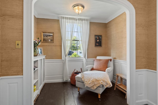 79 Silver St, Dover, NH 03820 - sitting room with crown molding, a wainscoted wall, hardwood / wood-style flooring, wallpapered walls, and a decorative wall
