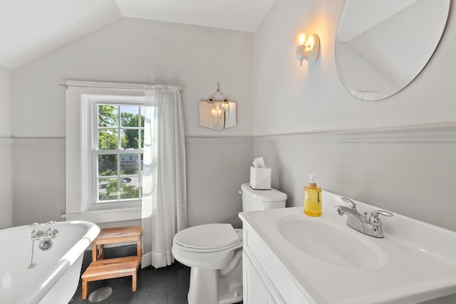 79 Silver St, Dover, NH 03820 - bathroom with a freestanding bath, vaulted ceiling, toilet, and vanity