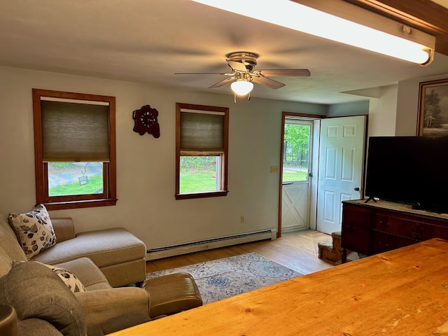 348 Ridge Rd, Northwood, NH 03261 - living room featuring baseboard heating, light wood finished floors, and a ceiling fan
