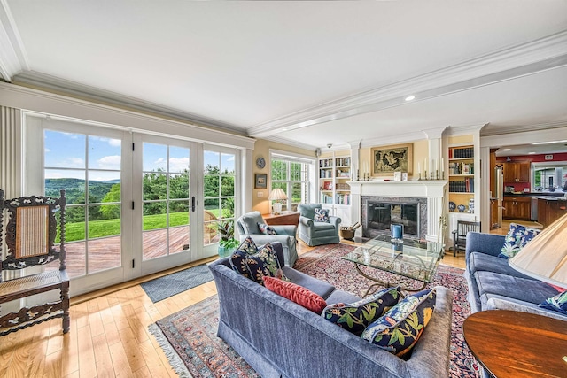 367 N Rd, Sunapee, NH 03782 - living room featuring crown molding, a glass covered fireplace, light wood-type flooring, french doors, and recessed lighting