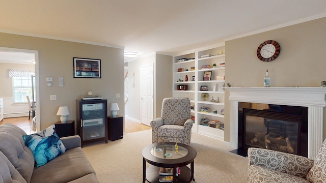 4 Bow Center Rd Unit B-3, Bow, NH 03304 - living area featuring ornamental molding, a fireplace with flush hearth, a baseboard radiator, and light colored carpet