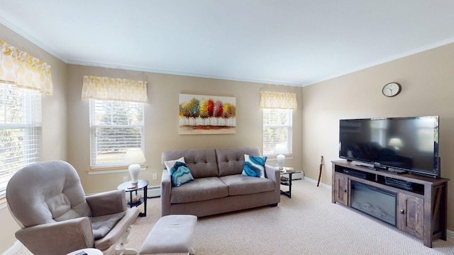 4 Bow Center Rd Unit B-3, Bow, NH 03304 - living area featuring carpet floors, crown molding, baseboards, and a baseboard radiator