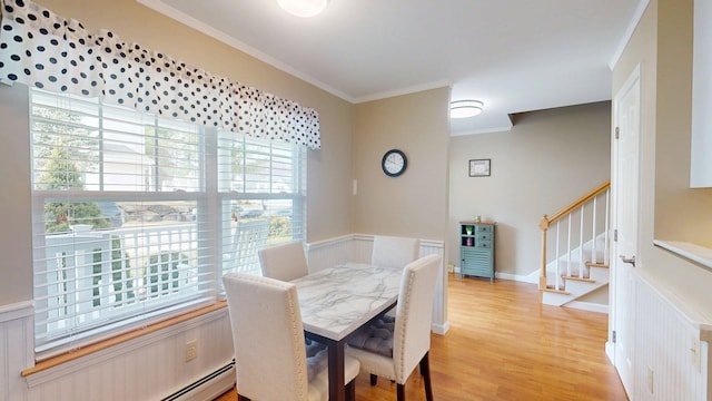4 Bow Center Rd Unit B-3, Bow, NH 03304 - dining area featuring ornamental molding, light wood-style flooring, stairs, and wainscoting