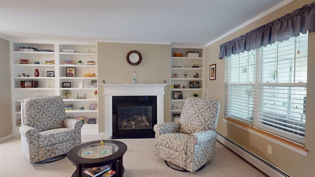 4 Bow Center Rd Unit B-3, Bow, NH 03304 - sitting room with a baseboard heating unit, a glass covered fireplace, ornamental molding, carpet floors, and built in shelves
