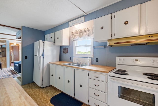 21 Pine Hill Dr, Barnstead, NH 03225 - kitchen with white appliances, a sink, under cabinet range hood, and white cabinetry