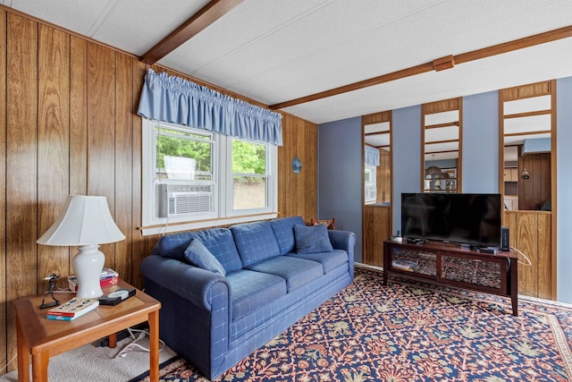 21 Pine Hill Dr, Barnstead, NH 03225 - living room with wood walls, carpet flooring, and cooling unit