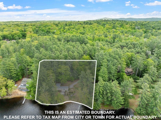 21 Pine Hill Dr, Barnstead, NH 03225 - aerial view of property and surrounding area featuring a heavily wooded area, property boundaries highlighted, and a nearby body of water