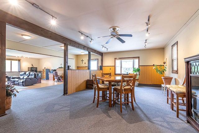 212 W Main St, Hillsborough, NH 03244 - carpeted dining space with track lighting, wainscoting, ceiling fan, and wood walls