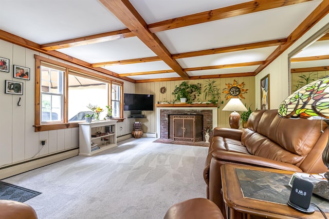 212 W Main St, Hillsborough, NH 03244 - carpeted living area with coffered ceiling, a baseboard heating unit, beam ceiling, a brick fireplace, and wooden walls