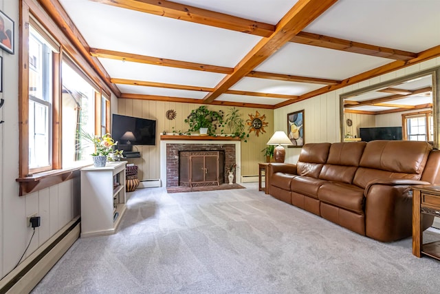 212 W Main St, Hillsborough, NH 03244 - living room featuring a baseboard heating unit, carpet floors, beam ceiling, coffered ceiling, and a brick fireplace