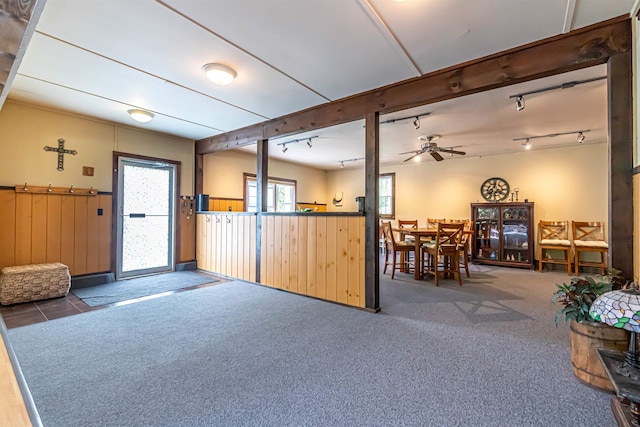 212 W Main St, Hillsborough, NH 03244 - kitchen featuring a ceiling fan, rail lighting, carpet flooring, wainscoting, and wood walls